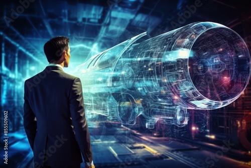 Futuristic digital concept with a businessman analyzing a virtual jet engine model in a high-tech environment.