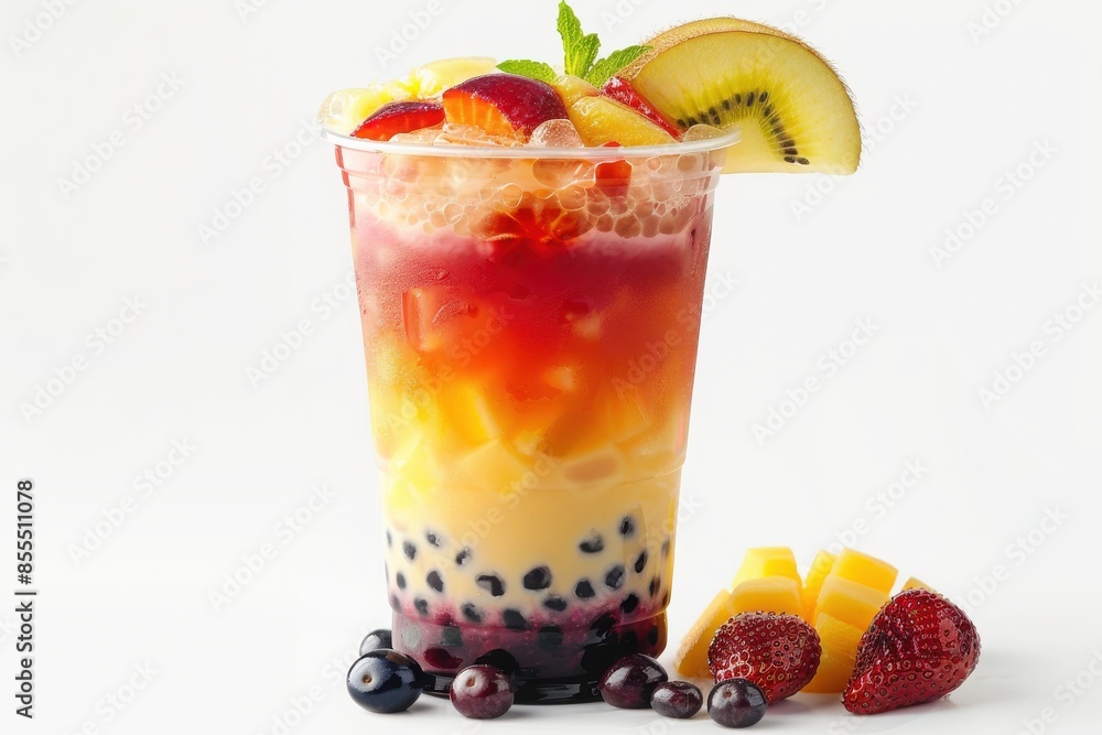 Colorful bubble tea with fresh fruit slices and tapioca pearls in a clear plastic cup, perfect for a refreshing summer drink. Colorful bubble tea with fresh fruit slices and tapioca pearls in a clear plastic cup, perfect for a refreshing summer drink.