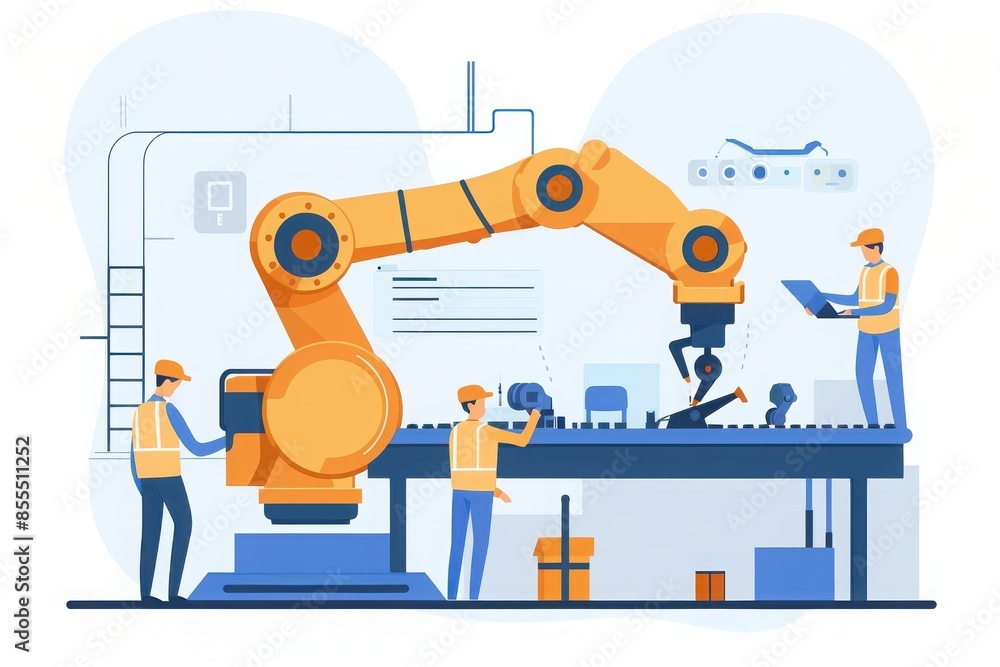 Engineers working with a robotic arm in a modern manufacturing facility, illustrating automation and advanced technology in industry. Engineers working with a robotic arm in a modern manufacturing facility, illustrating automation and advanced technology in industry.