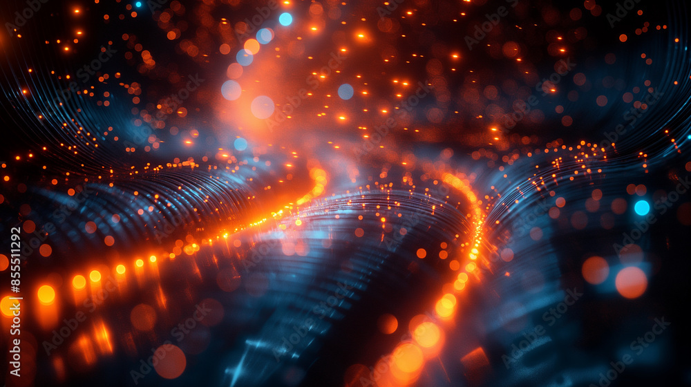 A blurry image of a colorful, glowing line with orange and blue lights A blurry image of a colorful, glowing line with orange and blue lights