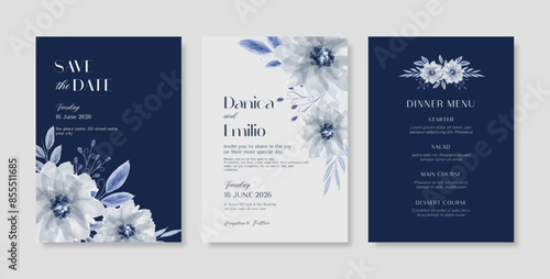 Beautiful wedding invitation template with floral watercolor