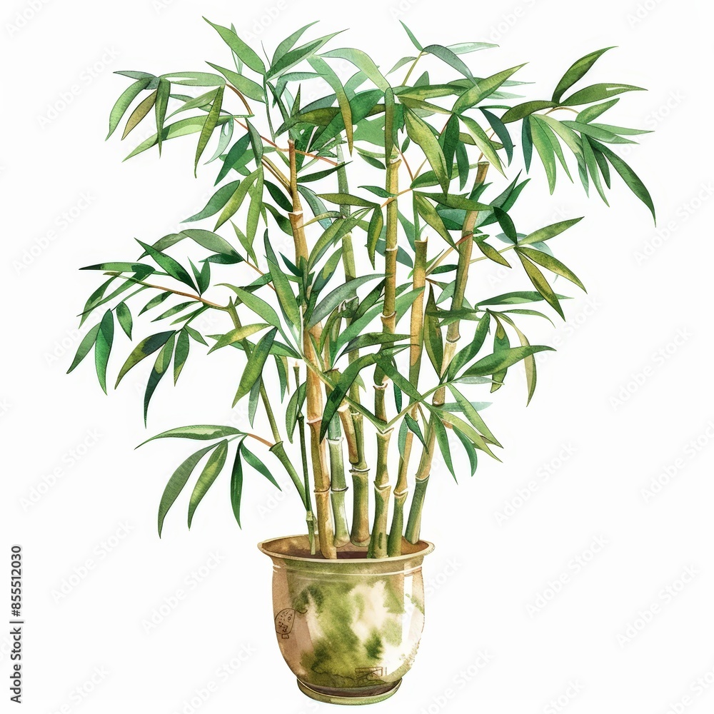 Fototapeta premium Vibrant Watercolor Illustration of Philippine Bamboo Plant in Pot on White Background