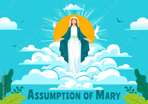 Assumption of Mary Christian Vector Illustration Featuring the Feast of the Blessed Virgin with Doves and Angels in Heaven in a Flat Background