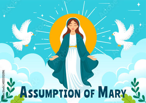 Assumption of Mary Christian Vector Illustration Featuring the Feast of the Blessed Virgin with Doves and Angels in Heaven in a Flat Background photo