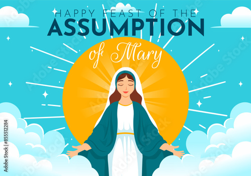 Assumption of Mary Christian Vector Illustration Featuring the Feast of the Blessed Virgin with Doves and Angels in Heaven in a Flat Background