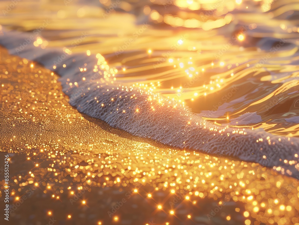 Waves lap gently, sunset paints vibrant sky Waves lap gently, sunset paints vibrant sky
