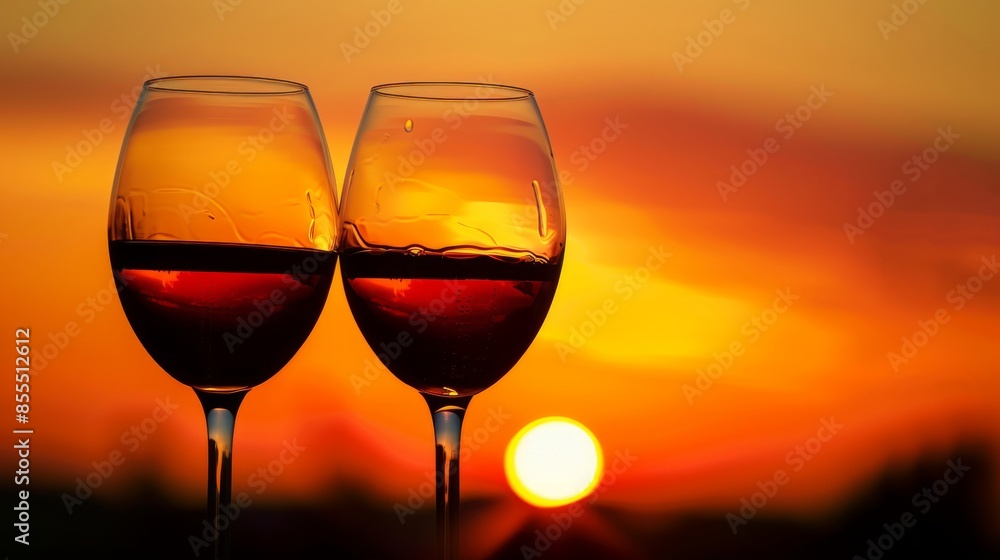 A pair of wine glasses clinking against a sunset backdrop, symbolizing love A pair of wine glasses clinking against a sunset backdrop, symbolizing love