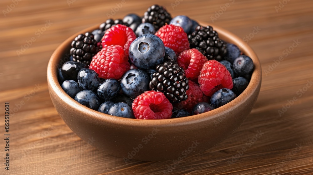 A bowl of fresh assorted berries including blueberries, raspberries, and blackberries on a wooden table. Vibrant, healthy, and nutritious fruit. A bowl of fresh assorted berries including blueberries, raspberries, and blackberries on a wooden table. Vibrant, healthy, and nutritious fruit.