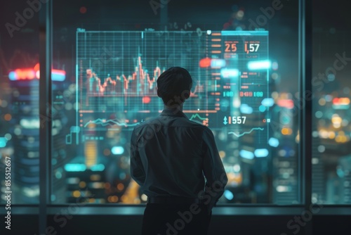 A man stands in front of an interactive screen displaying financial data and graphs