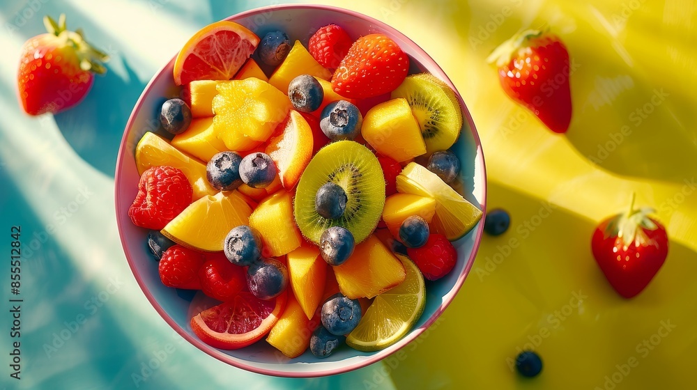 High-detail top-down view of a fruit salad bowl, split-complementary color harmony, raw style, vivid and precise fruit depiction