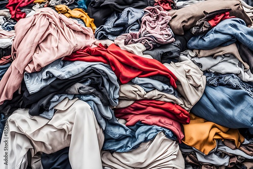 pile of used clothes on a light background. Second hand for recycling A large, colorful heap of mixed used clothes.