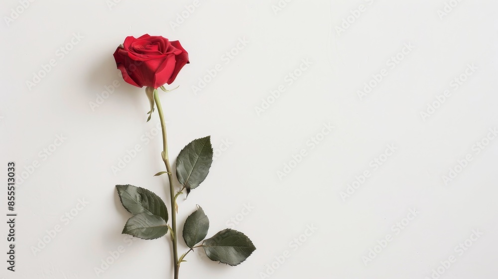 Fototapeta premium A single red rose against a white background, symbolizing love in its simplest form