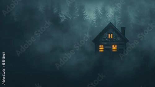 An eerie house illuminated in a foggy forest at night, conveying mystery and solitude with its glowing windows amidst dense mist.