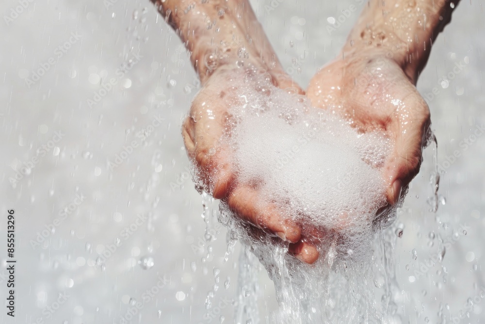 Close-up of hands holding frothy soap under flowing water, emphasizing cleanliness and hygiene in a refreshing manner. Close-up of hands holding frothy soap under flowing water, emphasizing cleanliness and hygiene in a refreshing manner.