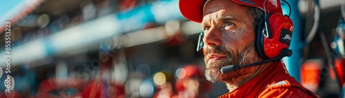 Focused Race Car Engineer with Headphones.