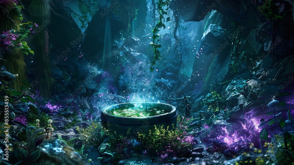 Mystical cauldron bubbling with green and purple potions, illuminated by glowing plants and herbs in a shadowy cave Mystical cauldron bubbling with green and purple potions, illuminated by glowing plants and herbs in a shadowy cave
