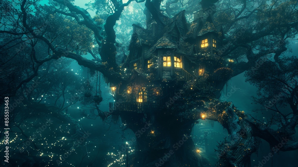 Mystical treehouse in a dark forest, little witch casting spells, magical creatures and bioluminescent plants illuminating the scene Mystical treehouse in a dark forest, little witch casting spells, magical creatures and bioluminescent plants illuminating the scene