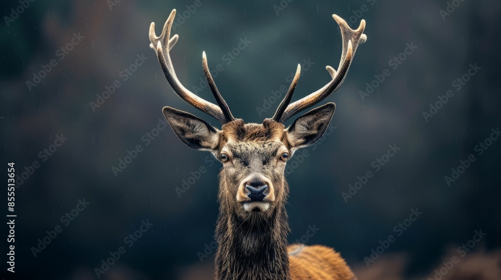 Fototapeta premium Red Deer Stag Portrait in the Rain.
