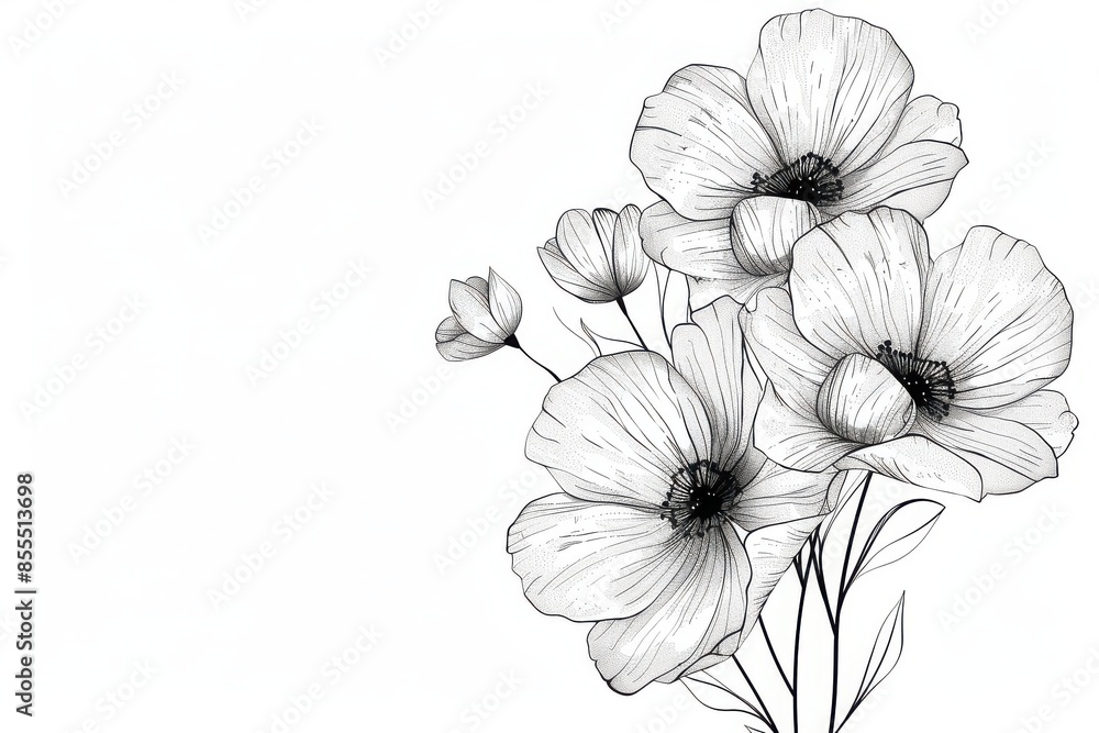 Elegant black and white sketch of poppy flowers, capturing delicate details of petals and stems on a clean white background. Elegant black and white sketch of poppy flowers, capturing delicate details of petals and stems on a clean white background.