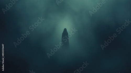 Eerie foggy landscape with a mysterious silhouetted figure emerging from the mist. Dark and atmospheric scene evoking suspense and intrigue.