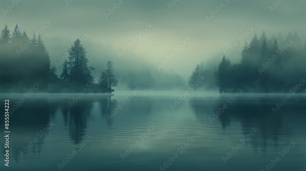 Serene misty lake surrounded by dense pine forest, perfect tranquil nature scene for relaxation or meditation. Serene misty lake surrounded by dense pine forest, perfect tranquil nature scene for relaxation or meditation.
