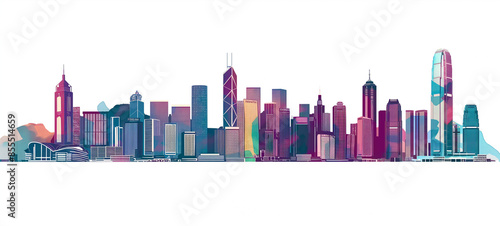 Hong kong city skyline with sleek silhouettes on white background
