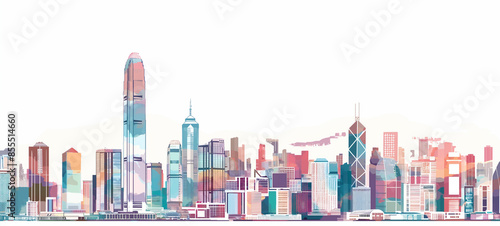 Hong kong city skyline with sleek silhouettes on white background