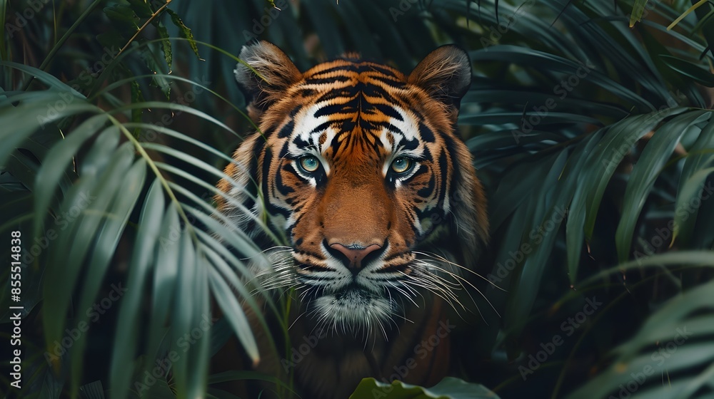 Intense Gaze of Powerful Tiger Prowling Through Lush Jungle Foliage Intense Gaze of Powerful Tiger Prowling Through Lush Jungle Foliage