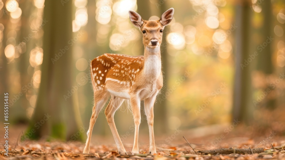 A young deer standing in a sunlit forest with autumn leaves on the ground, creating a serene and tranquil atmosphere in nature. A young deer standing in a sunlit forest with autumn leaves on the ground, creating a serene and tranquil atmosphere in nature.