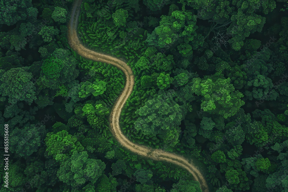 Aerial view of a winding dirt road through lush, dense forest greenery, showcasing the natural beauty of an untouched wilderness landscape. Aerial view of a winding dirt road through lush, dense forest greenery, showcasing the natural beauty of an untouched wilderness landscape.
