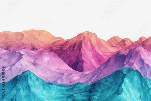 Abstract watercolor painting of a colorful mountain range, featuring vibrant hues of pink, purple, and turquoise against a white background.