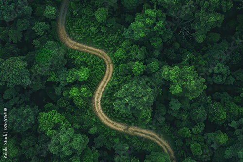 Aerial view of a winding dirt road through lush, dense forest greenery, showcasing the natural beauty of an untouched wilderness landscape.