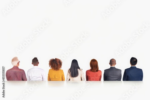 Wallpaper Mural Diverse group of people sitting in a row with their backs facing the camera against a white background. Teamwork and unity concept. Torontodigital.ca