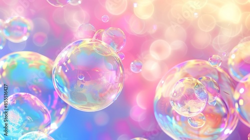 Rainbow-hued soap bubbles in various sizes, floating with a soft focus and plenty of copy space, capturing light and color