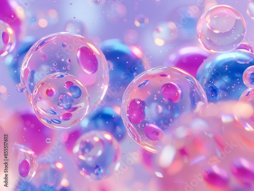 Shiny transparent bubbles gently float in a pink background