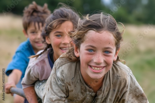 Three happy kids having fun in the field, smiling and laughing. © Chacmool