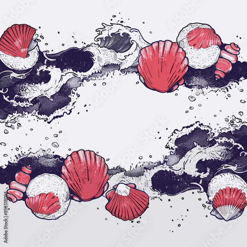 Seashell border with waves, red and white shells, decorative ocean frame, marine theme, beach elements, abstract aquatic design, seashells and waves illustration, nautical background, coastal decor