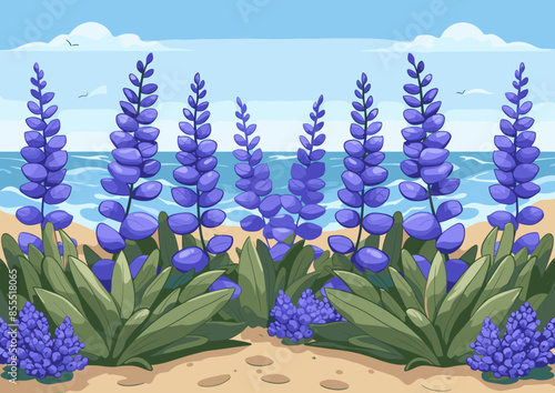 Purple flowers by the beach, seaside lupines, coastal flora, ocean view, scenic seashore, summer landscape, blooming plants, nature illustration, seaside scenery, floral art, tranquil beachside