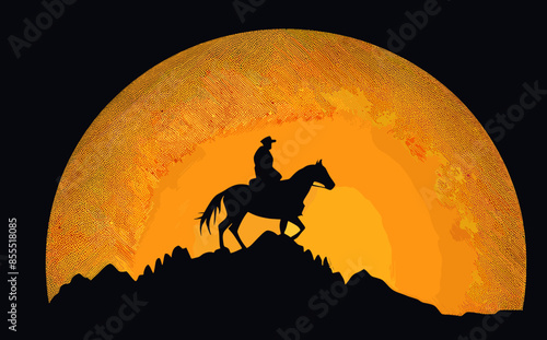 Cowboy silhouette against sunset, horse rider, western theme, orange moon, dark landscape, dramatic scene, wild west illustration, lone rider, silhouette art, desert sunset, equestrian figure, western