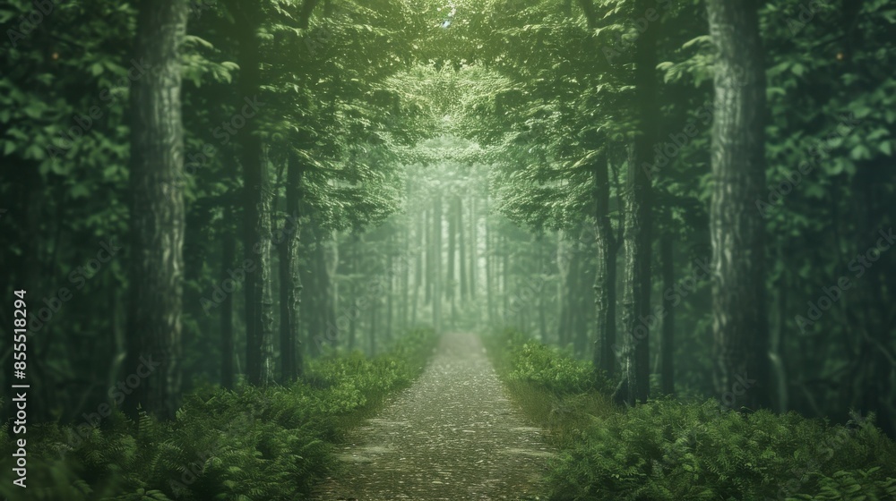 Obraz premium Serene forest pathway enveloped by lush green trees and ferns under a softly lit sky, creating a tranquil and immersive nature scene.