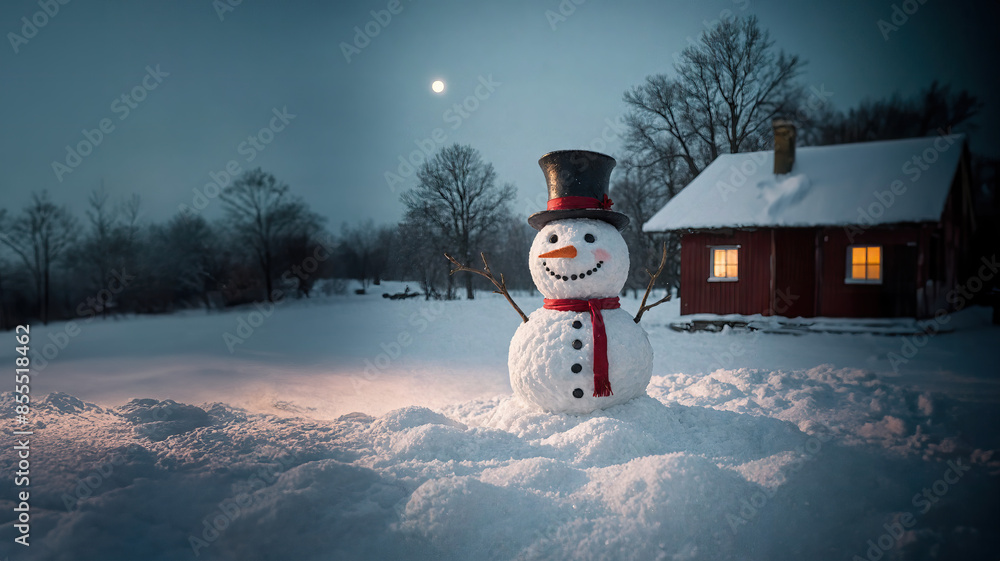 Fototapeta premium A snowman stands alone on a December night, Generative AI