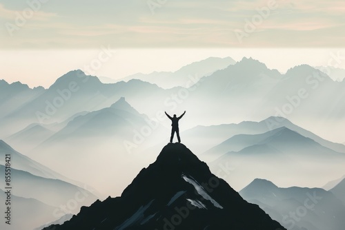 Silhouette of a person standing triumphantly on a mountain peak, surrounded by a breathtaking mountain range and misty valleys.