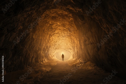 Silhouette of a person standing at the end of an illuminated tunnel, surrounded by dark, textured walls, symbolizing hope and mystery.