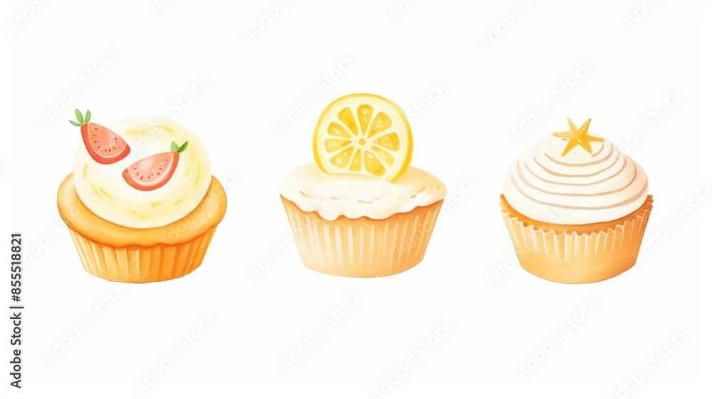 Illustration of three cupcakes with different toppings: a strawberry, a lemon slice, and a star. Perfect for food and dessert themes. Illustration of three cupcakes with different toppings: a strawberry, a lemon slice, and a star. Perfect for food and dessert themes.