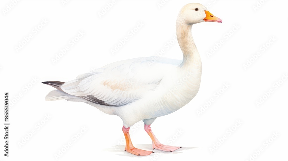 Beautiful white goose standing against white background, showcasing its elegant posture and vibrant orange beak and legs. Beautiful white goose standing against white background, showcasing its elegant posture and vibrant orange beak and legs.