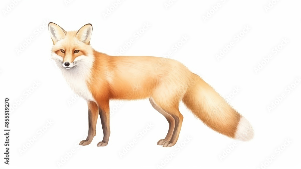 Digital illustration of a red fox standing on white background, showcasing detailed fur and natural colors. Digital illustration of a red fox standing on white background, showcasing detailed fur and natural colors.