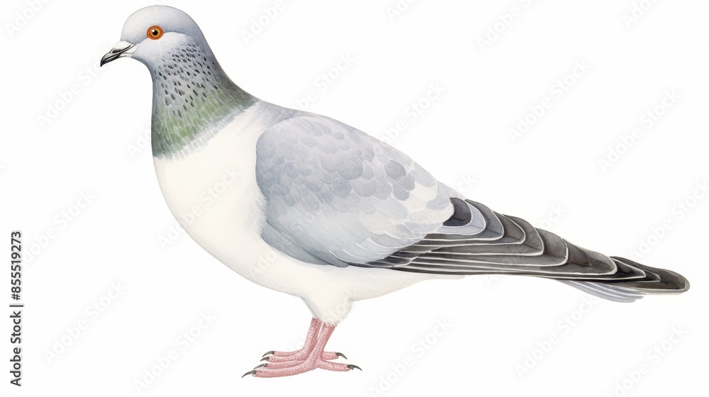 Obraz premium Elegant illustration of a gray pigeon with detailed feathers and vibrant eye on a clean white background.