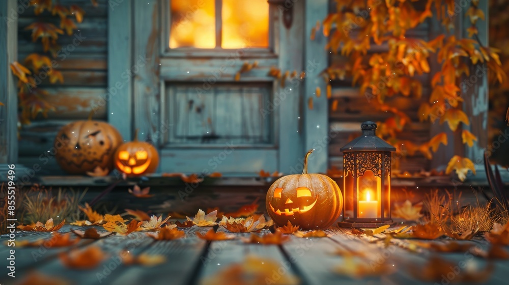 Obraz premium Autumnal Bliss on the Porch: Wooden House with Ornate Candles, Vibrant Orange Pumpkins, and Golden Leaves Creating a Warm Halloween Atmosphere