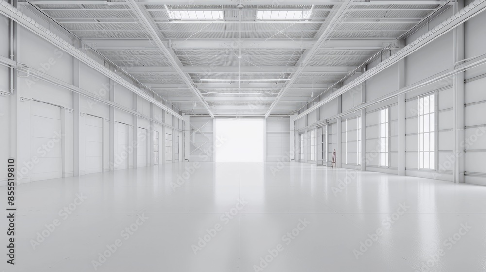 Spacious white warehouse with a minimalistic design and an empty, open floor plan, set against a pure white background. Spacious white warehouse with a minimalistic design and an empty, open floor plan, set against a pure white background.