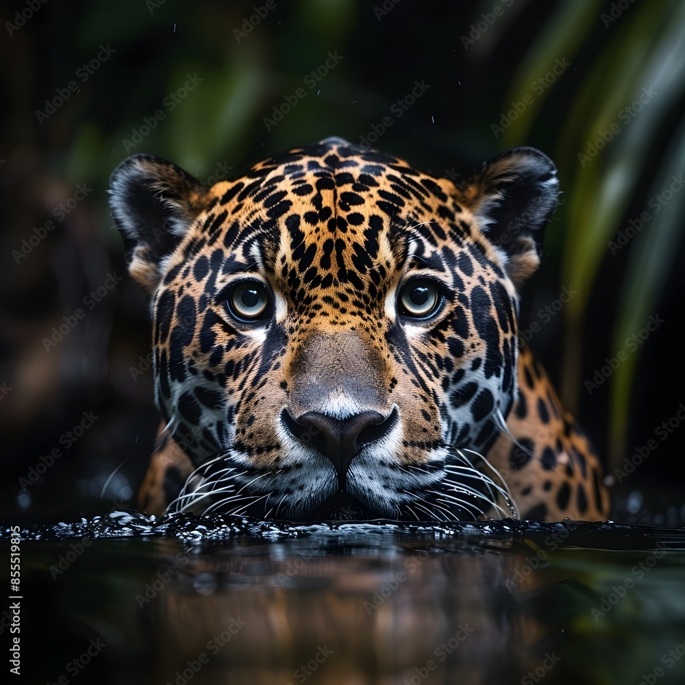 Fototapeta premium Sleek and Powerful Jaguar Swimming in River Intense Eyes Focused on Wildlife Portraits
